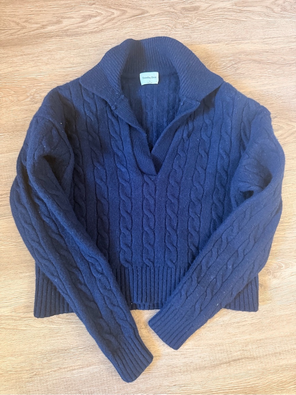 Aritzia Lottie Navy wool and cotton Shawl-Collar Cable Knit Sweater